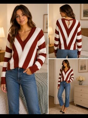 Striped V-Neck Sweater Rust Ivory Chevron Knit Size Small Cozy Chic
